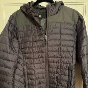 Spider hooded puff jacket in dark gray color